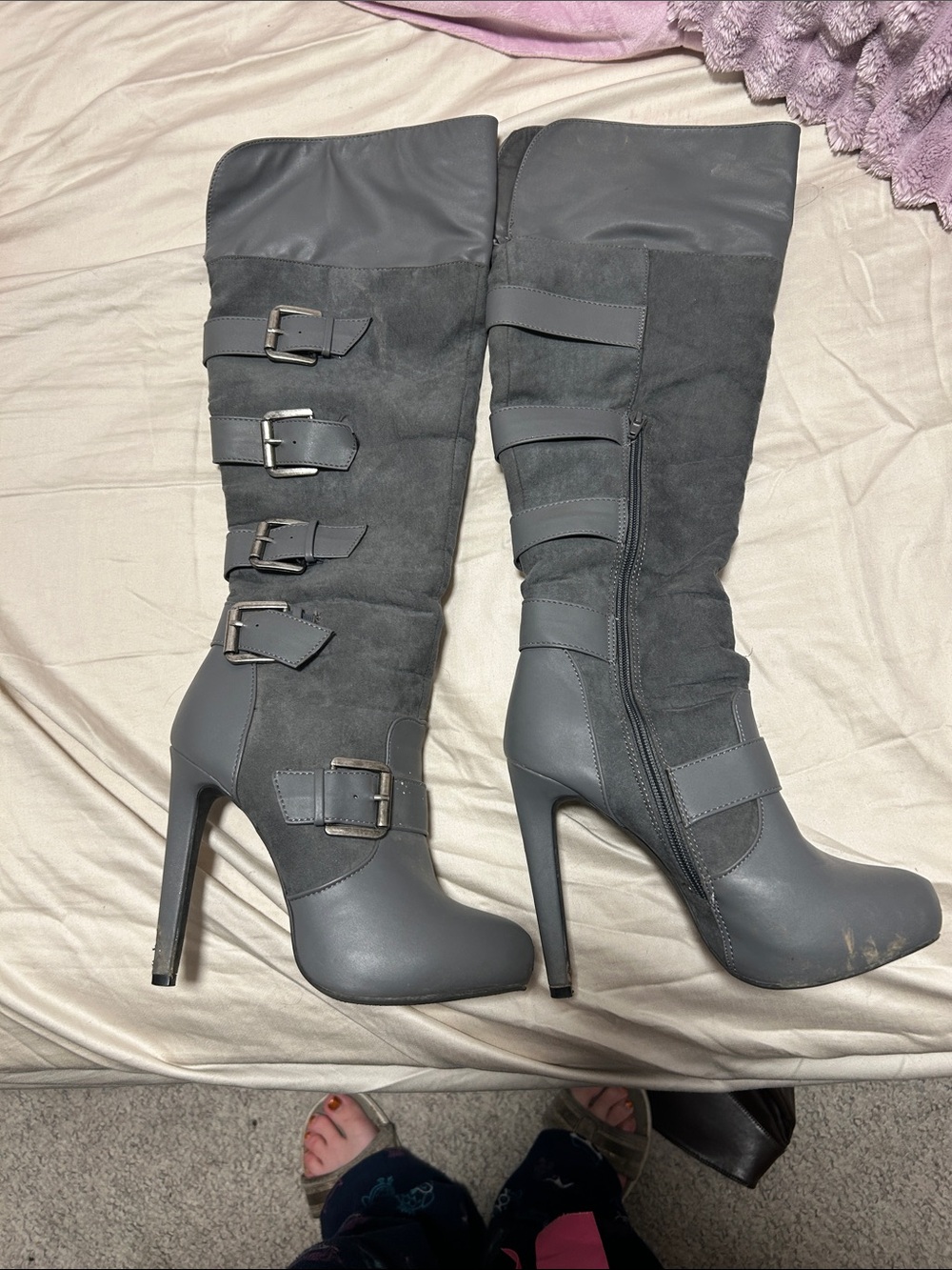Grey High-Heel Buckle Knee-High Boots
